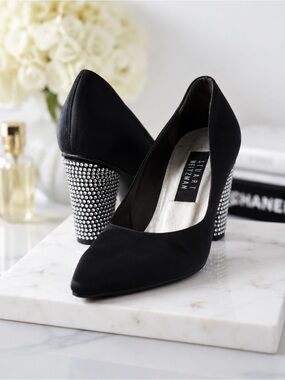 Stuart Weitzman Crystal Heel Black Satin Pumps Size 6.5